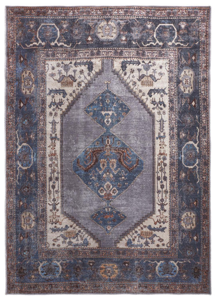5' X 8' Blue Brown And Ivory Floral Area Rug