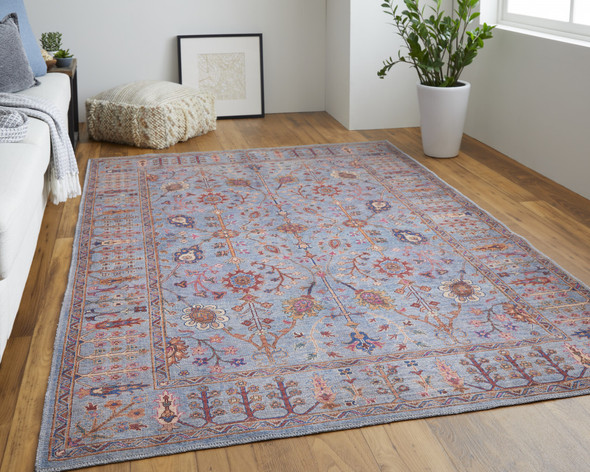 5' X 8' Gray Blue And Red Floral Power Loom Area Rug