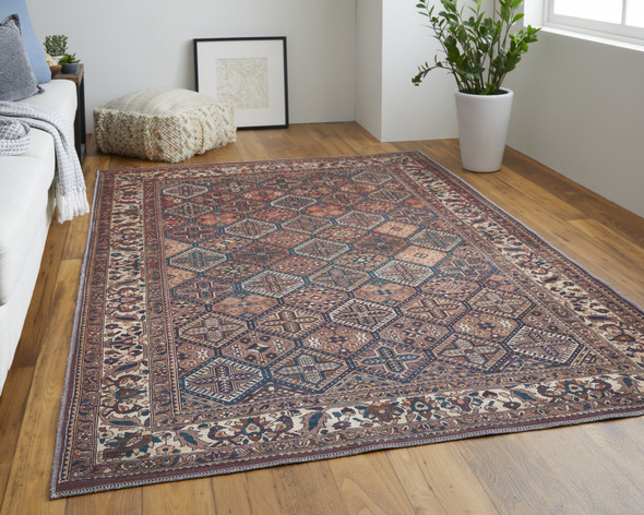 2' X 3' Brown Red And Ivory Floral Power Loom Area Rug