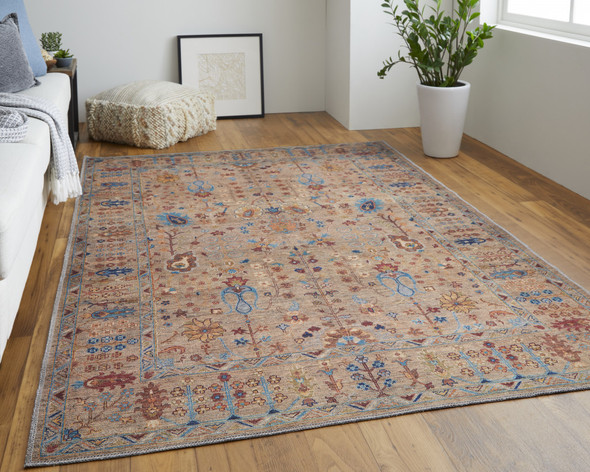 2' X 3' Tan Pink And Blue Floral Power Loom Area Rug