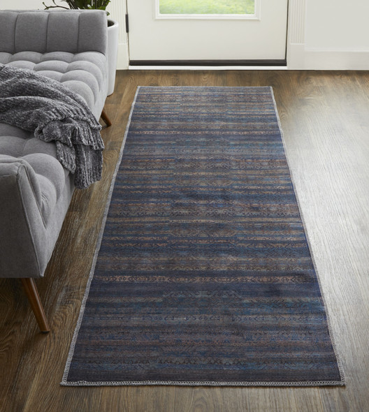 8' Blue Purple And Brown Floral Power Loom Runner Rug