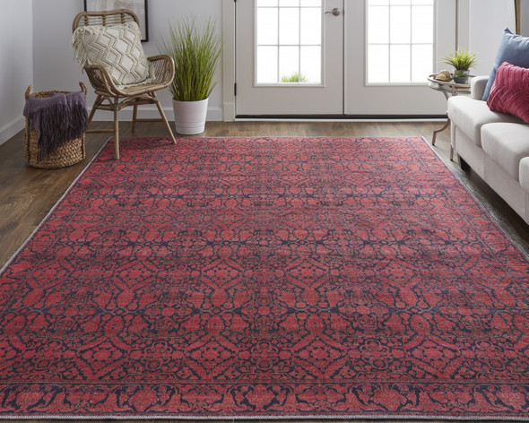 9' X 12' Red And Black Floral Power Loom Area Rug
