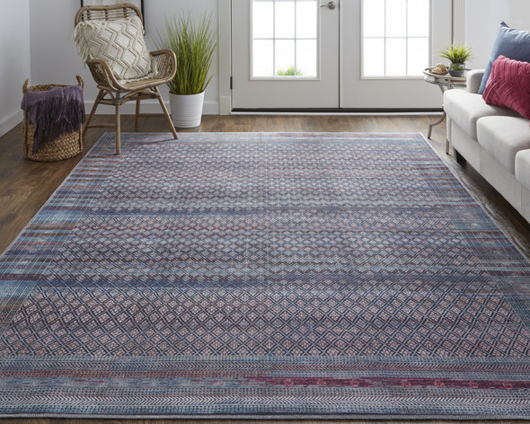 9' X 12' Tan Blue And Pink Striped Power Loom Area Rug