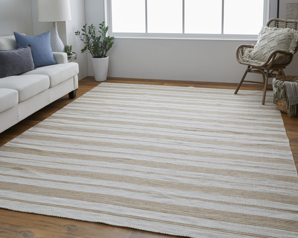 2' X 3' Ivory Taupe And Brown Striped Dhurrie Hand Woven Stain Resistant Area Rug