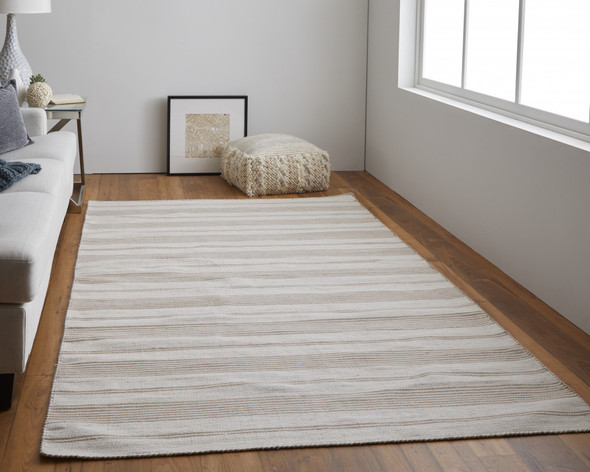 2' X 3' Ivory And Taupe Striped Dhurrie Hand Woven Stain Resistant Area Rug