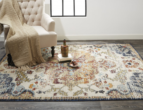 2' X 3' Ivory Gold And Blue Floral Stain Resistant Area Rug