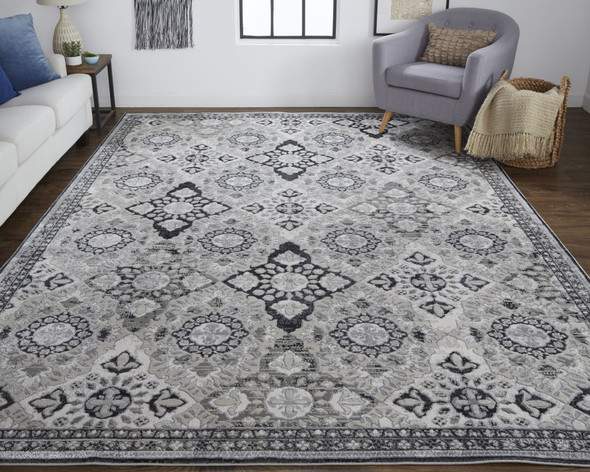 2' X 3' Gray And Black Floral Power Loom Area Rug
