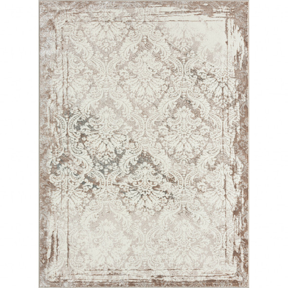 5' X 7' Cream Damask Stain Resistant Area Rug