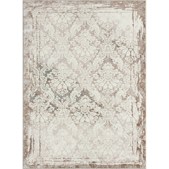 8' X 10' Cream Damask Stain Resistant Area Rug