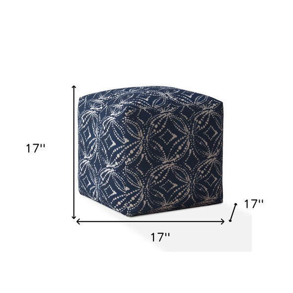 17" Blue And White Canvas Damask Pouf Cover