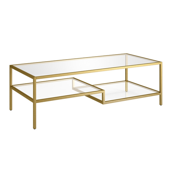 54" Gold and Glass Rectangular Coffee Table With Two Shelves
