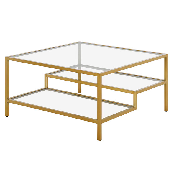 32" Gold Glass Square Coffee Table With Two Shelves