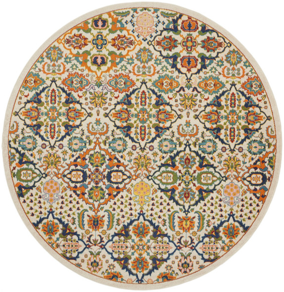 8' Ivory Round Floral Power Loom Area Rug