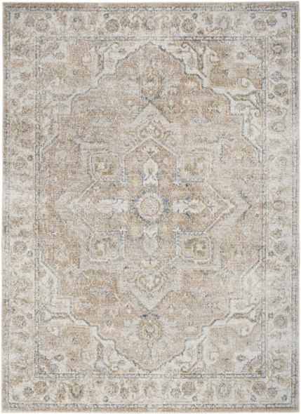 5' X 7' Beige Oriental Power Loom Washable Area Rug