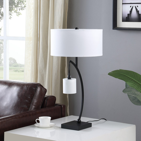 29" Black Metal Two Light Arched Table Lamp With White Drum Shade