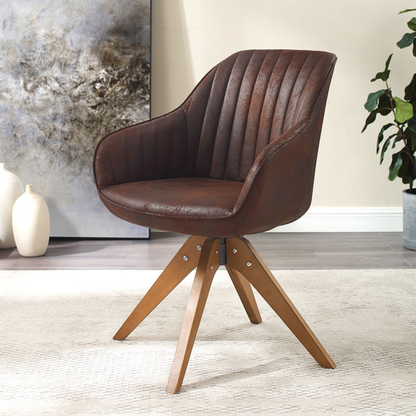 23" Chocolate Faux Leather And Natural Swivel Arm Chair