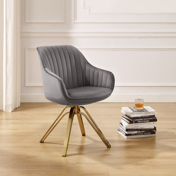 23" Gray Velvet And Gold Swivel Arm Chair