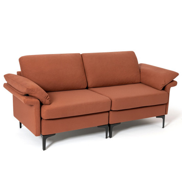 Modern Fabric Loveseat Sofa for with Metal Legs and Armrest Pillows-Rust Red