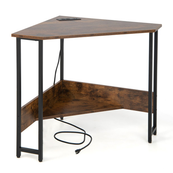Triangle Computer Corner Desk with Charging Station-Rustic Brown