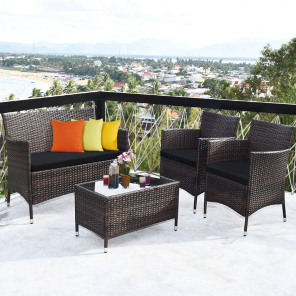 4 Pieces Rattan Sofa Set with Glass Table and Comfortable Wicker for Outdoor Patio-Black