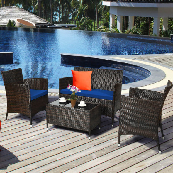 4 Pieces Rattan Sofa Set with Glass Table and Comfortable Wicker for Outdoor Patio-Navy