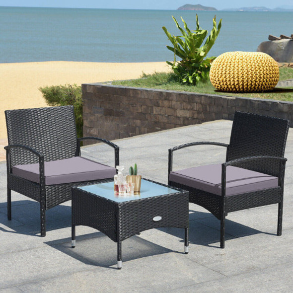 3 Pieces Patio Wicker Rattan Furniture Set with Cushion for Lawn Backyard-Gray