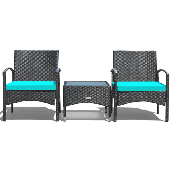 3 Pieces Patio Wicker Rattan Furniture Set with Cushion for Lawn Backyard-Turquoise
