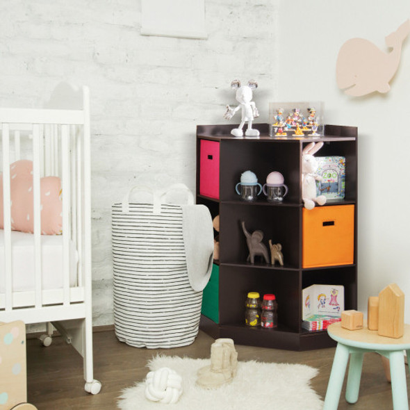 3-Tier Kids Storage Shelf Corner Cabinet with 3 Baskets-Brown