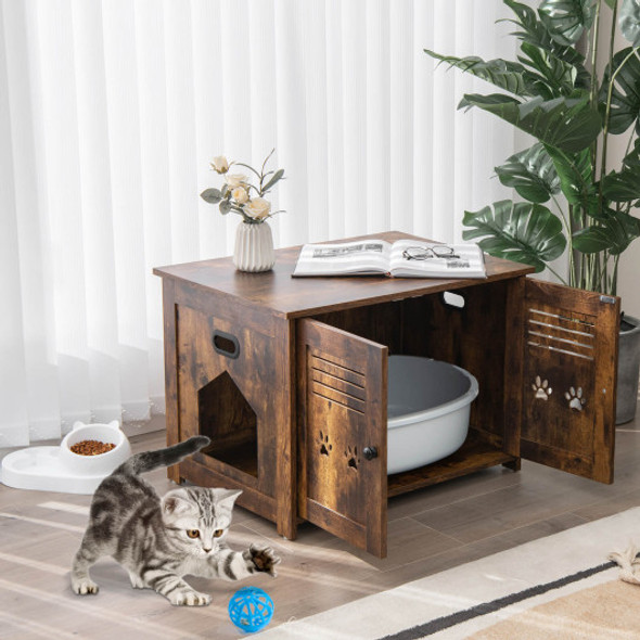 Cat Litter Box Enclosure with Double Louvered Doors and Side Entrance-Brown