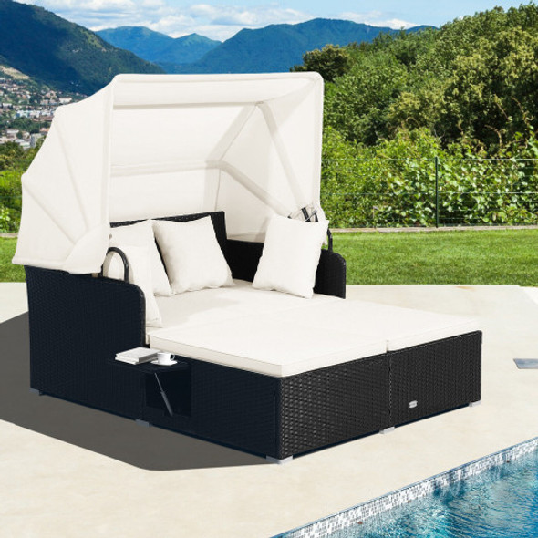 Patio Rattan Daybed with Retractable Canopy and Side Tables-Off White