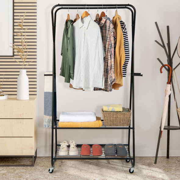 Heavy Duty Clothes Rack on Wheels with Shelves-Black