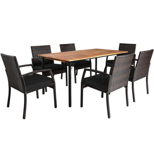 7 Pieces Patio Rattan Cushioned Dining Set with Umbrella Hole-Black