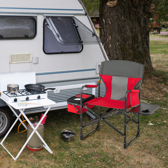 Folding Camping Directors Chair with Cooler Bag and Side Table-Red