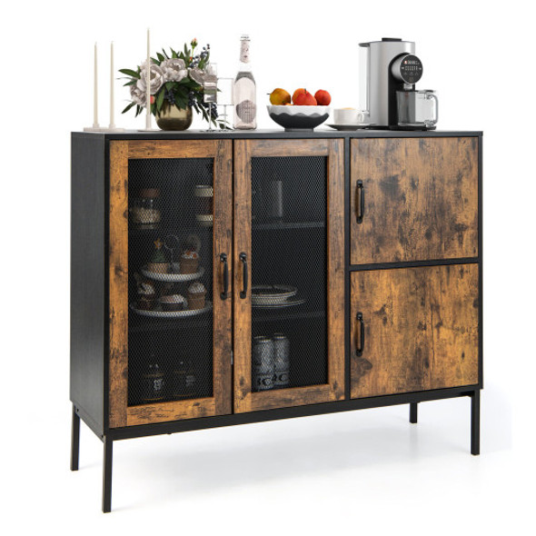 48" Industrial Kitchen Buffet Sideboard with Metal Mesh Doors and Anti-toppling Device-Brown