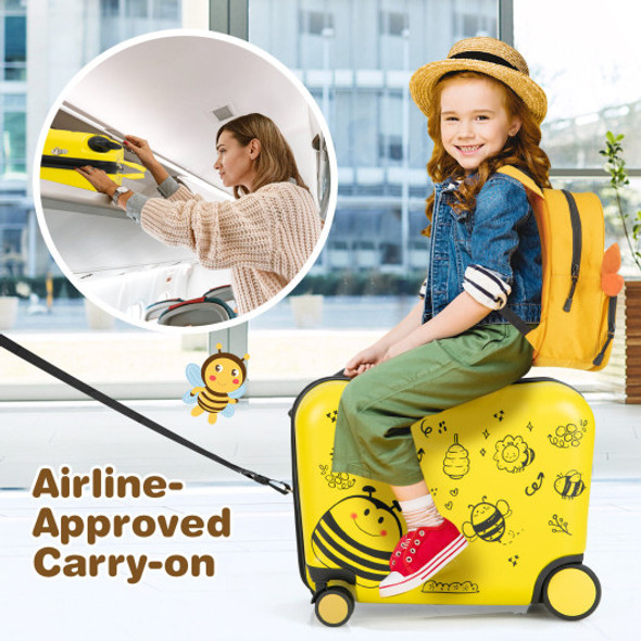 2 Pieces 18 Inch Ride-on Kids Luggage Set with Spinner Wheels and Bee Pattern-Yellow