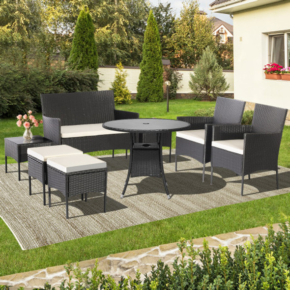 7 Piece Rustproof Wicker Outdoor Sofa Set with Coffee Tables and Ottomans