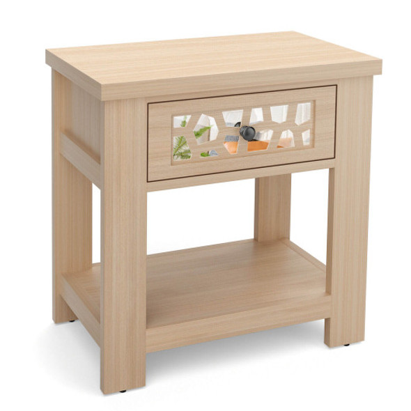 Wood Retro End Table with Mirrored Glass Drawer and Open Storage Shelf-Natural