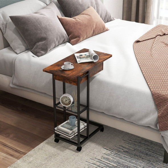 C-Shaped End Side Table with Charging Station and Wheels-Rustic Brown
