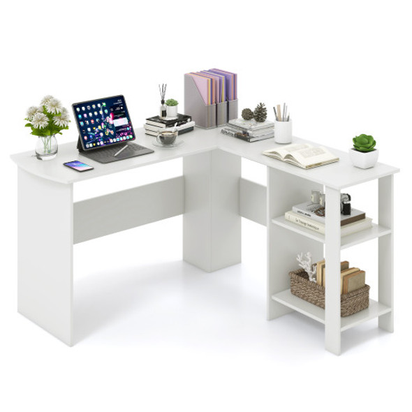 Large Modern L-shaped Computer Desk with 2 Cable Holes and 2 Storage Shelves-White
