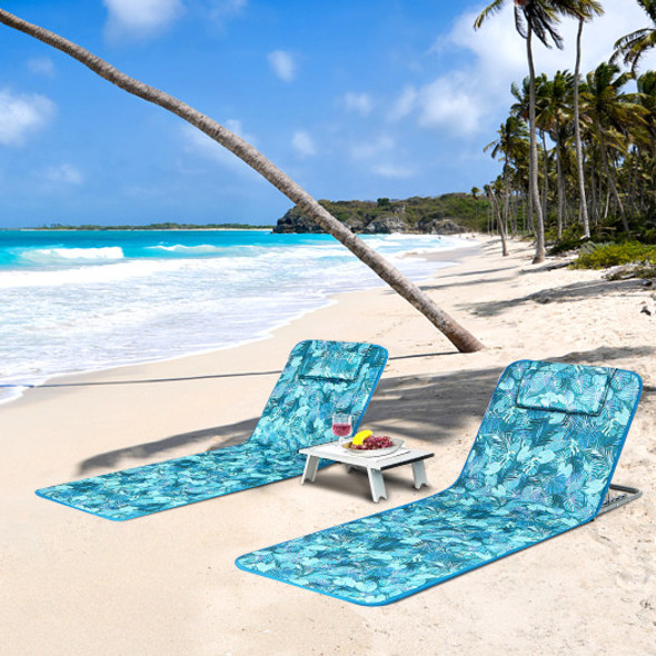 3 Pieces Beach Lounge Chair Mat Set 2 Adjustable Lounge Chairs with Table Stripe-Green