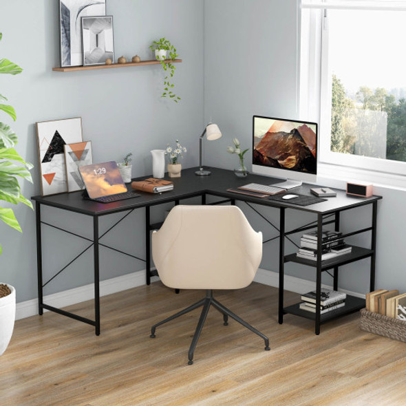 L Shaped Computer Desk with 4 Storage Shelves and Cable Holes-Black