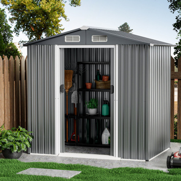 6 x 4 Feet Galvanized Steel Storage Shed with Lockable Sliding Doors-Gray