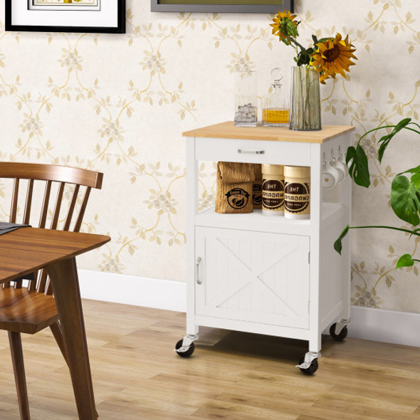 Rolling Kitchen Island Cart with Drawer and Side Hooks-White