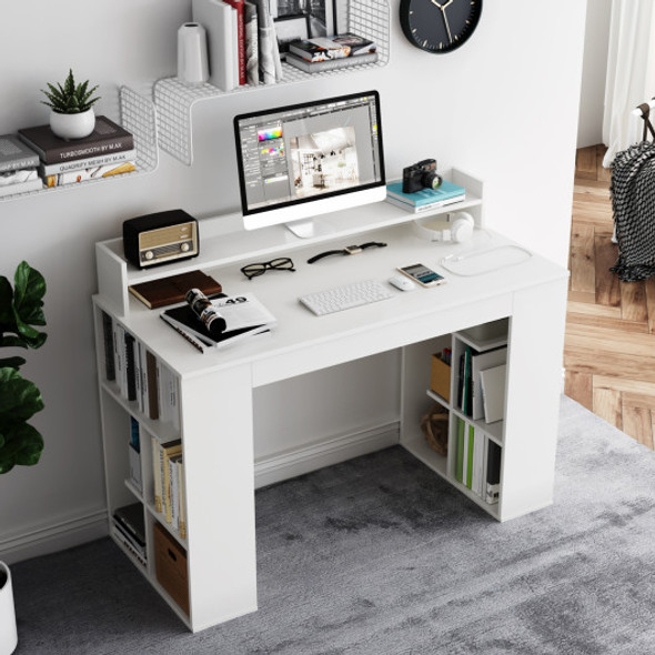 Office Computer Desk with Dual 3 Tier Bookshelf and Monitor Shelf-White
