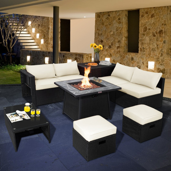 9 Pieces Outdoor Wicker Sectional with 35 Inch Gas Fire Pit Table-White