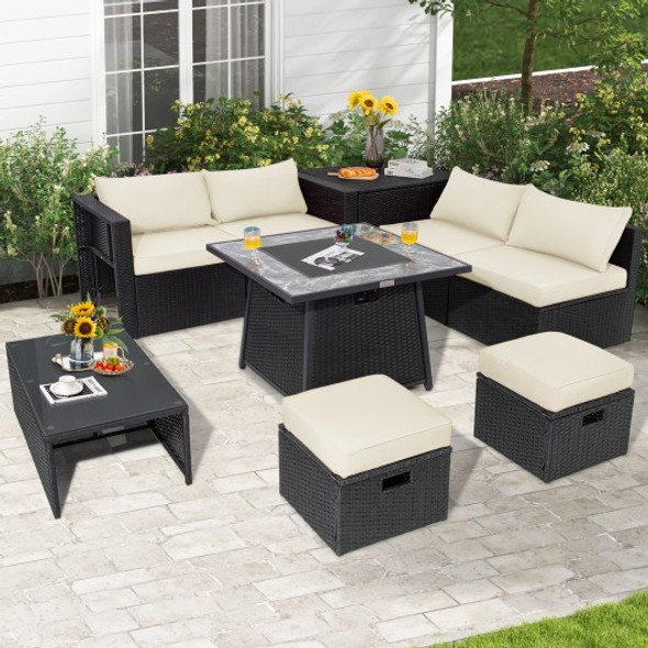 9 Pieces Outdoor Wicker Sectional with 35 Inch Gas Fire Pit Table-White