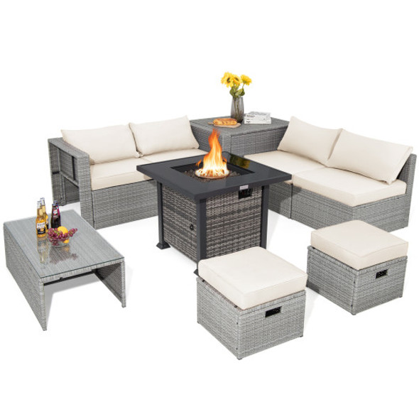 9 Pieces Outdoor Patio Furniture Set with 32-Inch Propane Fire Pit Table-Off White