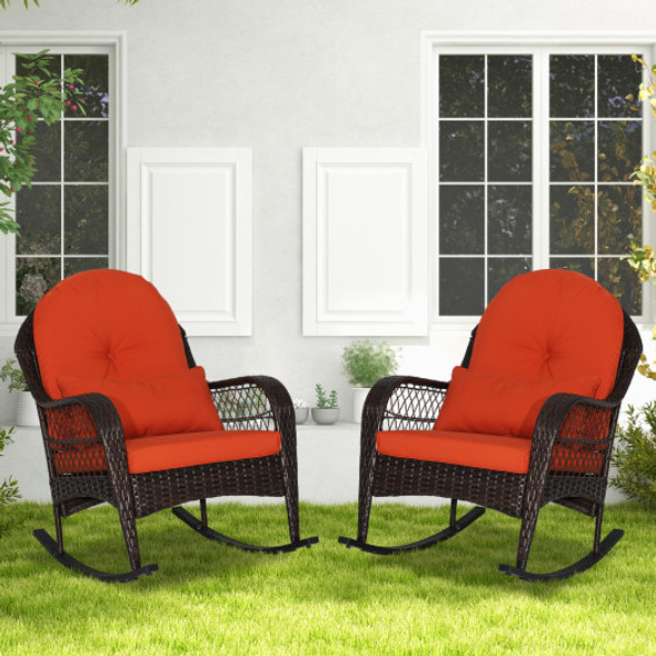 Patio Rattan Rocking Chair with Seat Back Cushions and Waist Pillow-Orange