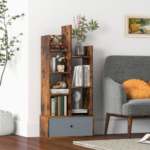 7-Tier Open-Back Bookshelf with Drawer-Rustic Brown