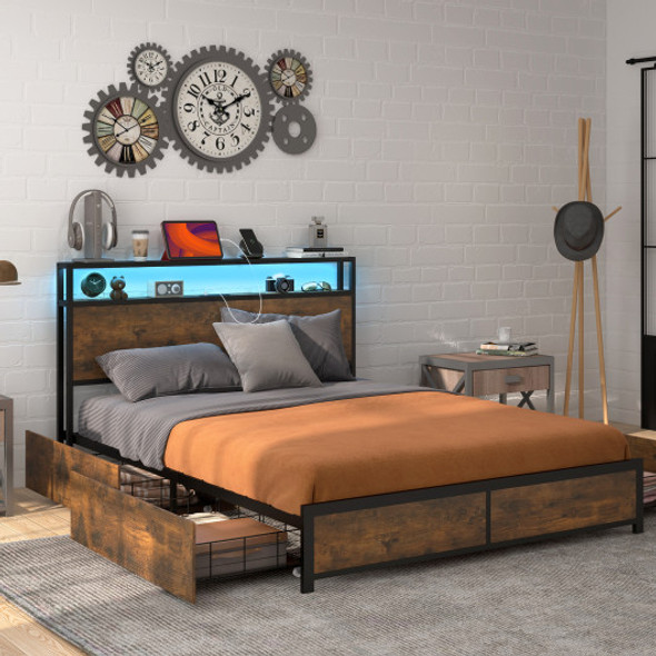 Full/Queen Size Bed Frame with Smart LED Lights and Storage Drawers-Queen Size